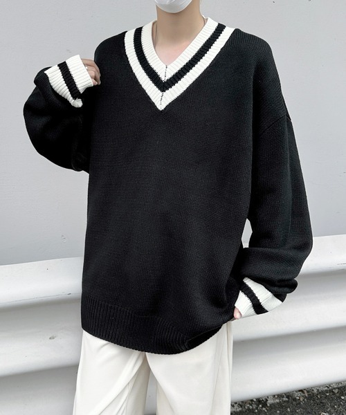 FVLMEN（フルメン）の「【FVLMEN】tilden line V-neck knit pullover/チルデン ライン Vネック ニット プルオーバー（ニット/セーター・メンズ・ブラック/ホワイト・MEDIUM/LARGE/X-LARGE）」の16枚目の写真