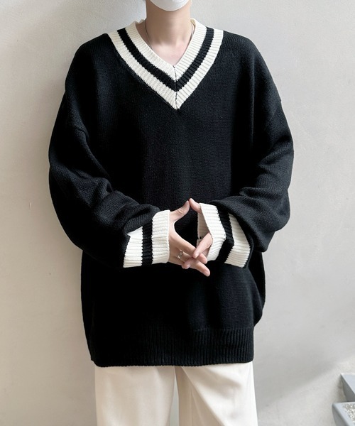 FVLMEN（フルメン）の「【FVLMEN】tilden line V-neck knit pullover/チルデン ライン Vネック ニット プルオーバー（ニット/セーター・メンズ・ブラック/ホワイト・MEDIUM/LARGE/X-LARGE）」の18枚目の写真