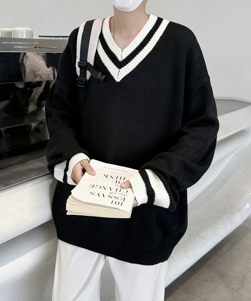 FVLMEN（フルメン）の「【FVLMEN】tilden line V-neck knit pullover/チルデン ライン Vネック ニット プルオーバー（ニット/セーター・メンズ・ブラック/ホワイト・MEDIUM/LARGE/X-LARGE）」の21枚目の写真