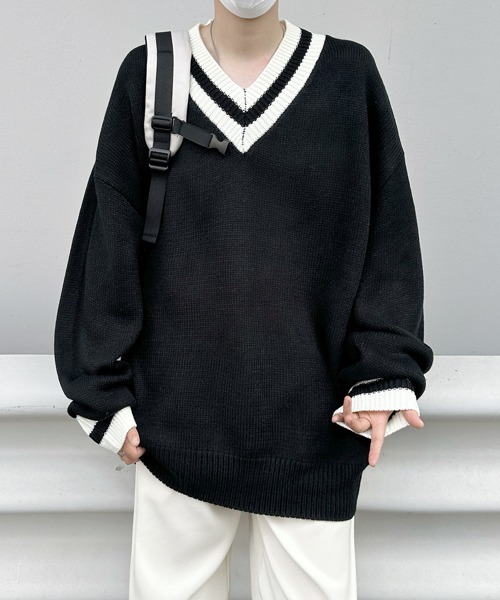 FVLMEN（フルメン）の「【FVLMEN】tilden line V-neck knit pullover/チルデン ライン Vネック ニット プルオーバー（ニット/セーター・メンズ・ブラック/ホワイト・MEDIUM/LARGE/X-LARGE）」の14枚目の写真