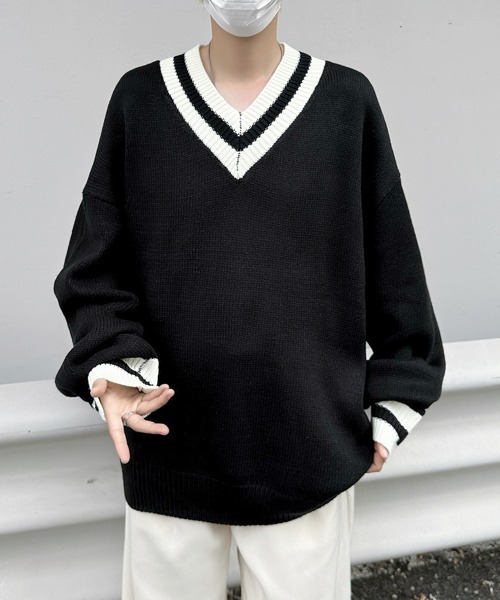 FVLMEN（フルメン）の「【FVLMEN】tilden line V-neck knit pullover/チルデン ライン Vネック ニット プルオーバー（ニット/セーター・メンズ・ブラック/ホワイト・MEDIUM/LARGE/X-LARGE）」の15枚目の写真