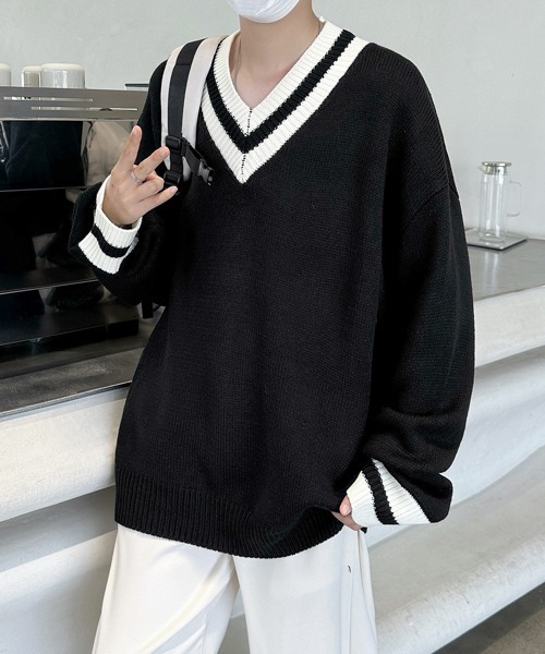 FVLMEN（フルメン）の「【FVLMEN】tilden line V-neck knit pullover/チルデン ライン Vネック ニット プルオーバー（ニット/セーター・メンズ・ブラック/ホワイト・MEDIUM/LARGE/X-LARGE）」の22枚目の写真