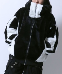 Cyber Design Fur Hoodie/オーバーサイズ サイバー 切替 ハイネック フルジップパーカー ファーブルゾン ファージャケット