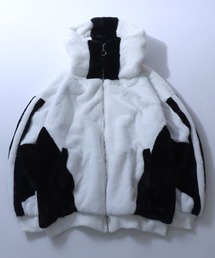 Cyber Design Fur Hoodie/オーバーサイズ サイバー 切替 ハイネック フルジップパーカー ファーブルゾン ファージャケット