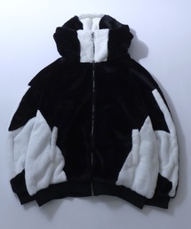 Cyber Design Fur Hoodie/オーバーサイズ サイバー 切替 ハイネック フルジップパーカー ファーブルゾン ファージャケット