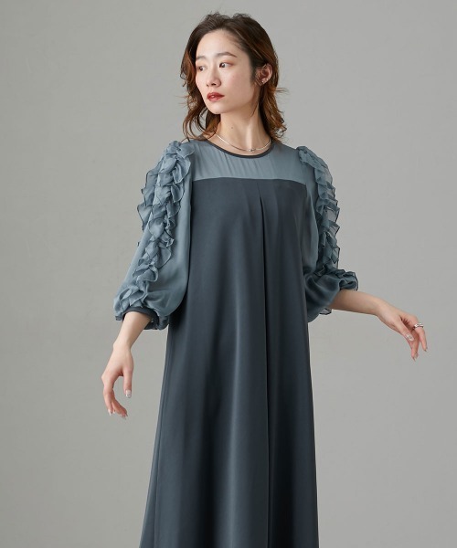 セール】袖フリルAラインワンピースドレス＜大きいサイズ有＞（ドレス