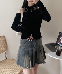 nemne store | 《Delfy》ボウタイ付きベロアオフショルダーギャザートップス(その他トップス)