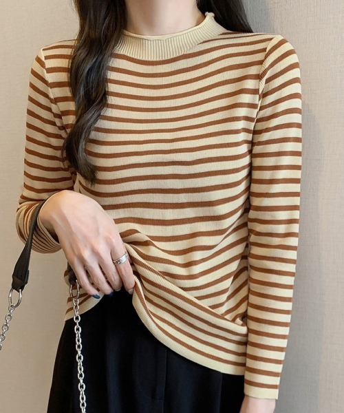 Miniministore(ミニミニストア)の「ボーダー柄ニットロールネックプルオーバー(ニット/セーター・レディース・ブルーグレー/グリーン/イエロー/ホワイト/ベージュ/ブラウン/ブラック・FREE)」の5枚目の写真