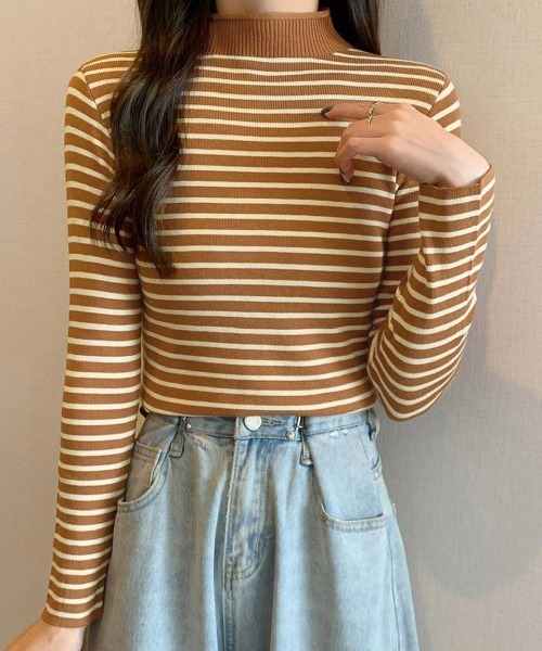 Miniministore(ミニミニストア)の「ボーダー柄ニットロールネックプルオーバー(ニット/セーター・レディース・ブルーグレー/グリーン/イエロー/ホワイト/ベージュ/ブラウン/ブラック・FREE)」の4枚目の写真