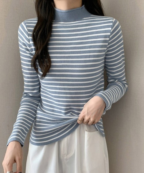 Miniministore(ミニミニストア)の「ボーダー柄ニットロールネックプルオーバー(ニット/セーター・レディース・ブルーグレー/グリーン/イエロー/ホワイト/ベージュ/ブラウン/ブラック・FREE)」の3枚目の写真