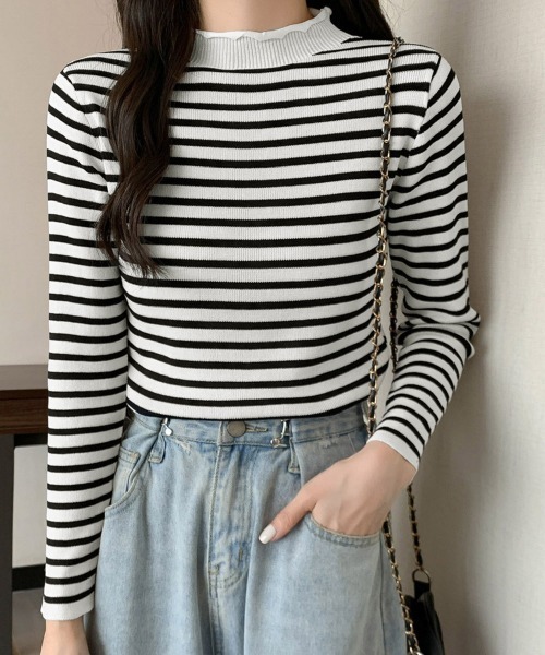 Miniministore(ミニミニストア)の「ボーダー柄ニットロールネックプルオーバー(ニット/セーター・レディース・ブルーグレー/グリーン/イエロー/ホワイト/ベージュ/ブラウン/ブラック・FREE)」の8枚目の写真
