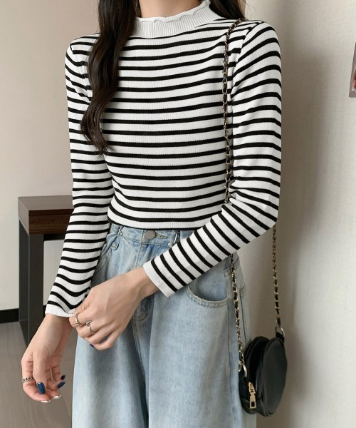 Miniministore(ミニミニストア)の「ボーダー柄ニットロールネックプルオーバー(ニット/セーター・レディース・ブルーグレー/グリーン/イエロー/ホワイト/ベージュ/ブラウン/ブラック・FREE)」の10枚目の写真