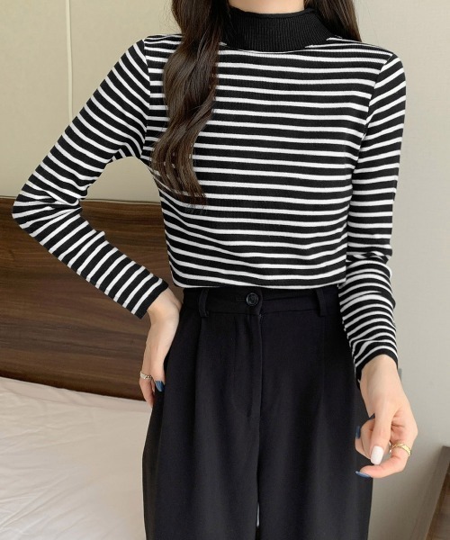 Miniministore(ミニミニストア)の「ボーダー柄ニットロールネックプルオーバー(ニット/セーター・レディース・ブルーグレー/グリーン/イエロー/ホワイト/ベージュ/ブラウン/ブラック・FREE)」の11枚目の写真