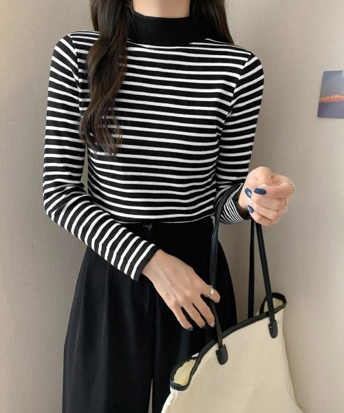 Miniministore(ミニミニストア)の「ボーダー柄ニットロールネックプルオーバー(ニット/セーター・レディース・ブルーグレー/グリーン/イエロー/ホワイト/ベージュ/ブラウン/ブラック・FREE)」の12枚目の写真
