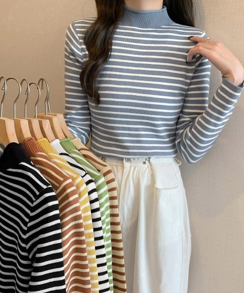 Miniministore(ミニミニストア)の「ボーダー柄ニットロールネックプルオーバー(ニット/セーター・レディース・ブルーグレー/グリーン/イエロー/ホワイト/ベージュ/ブラウン/ブラック・FREE)」の19枚目の写真
