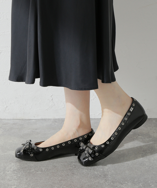 【セール】【GANNI / ガニー】 Eyelets Bow Ballerina Naplack S2755（バレエシューズ）｜GANNI（ガニー）