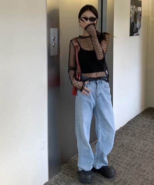 SHEPP(シープ)の「ドット柄長袖シアートップス(Tシャツ/カットソー・レディース・ブラック/アイボリー・F)」の10枚目の写真