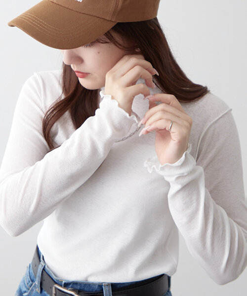 Remind me and forever（リマインドミーアンドフォーエバー）の「【2025SS】シアーハイネックプルオーバー（Tシャツ/カットソー・レディース・ピンク/イエロー/ブラック/オフホワイト・FREE）」の2枚目の写真