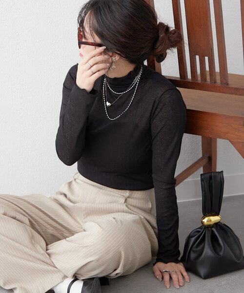 Remind me and forever（リマインドミーアンドフォーエバー）の「【2025SS】シアーハイネックプルオーバー（Tシャツ/カットソー・レディース・ピンク/イエロー/ブラック/オフホワイト・FREE）」の14枚目の写真