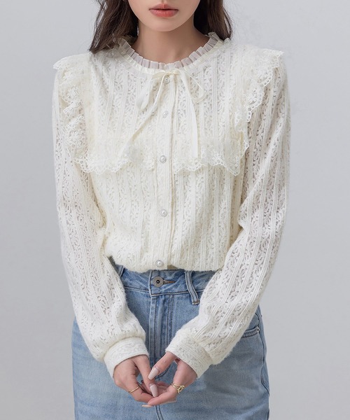 DAY CLOSET(デイ クローゼット)の「【結び直せるリボン/裏地付き】フェイクパールの煌めき。 長袖 きれいめ リボンネック カットワーク レース ブラウス レディース(シャツ/ブラウス・レディース・オフホワイト・L/M)」の2枚目の写真