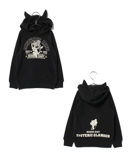 HYSTERIC MINI(ヒステリックミニ)の「WONDER DEVIL BABY つの付きプルオーバーパーカー(サーモライト)(パーカー・キッズ・グレー/ブラック・100/110/120)」の1枚目の写真