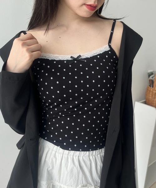 GOLDS♡初期デザイン♡ドット柄キャミトップス♡2点セット♡ホワイト×ブラック GOLDJAPAN 大きいサイズ レディース トップス ブラウス 半袖