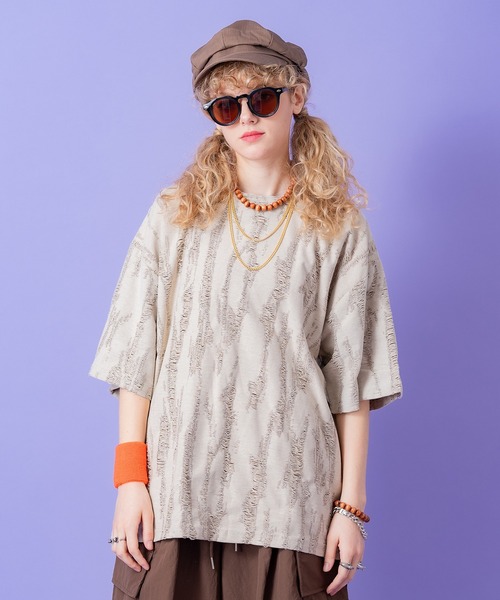a.p.o.v.(エーピーオービー)の「a.p.o.v. ジャガード編みフリンジダメージ加工模様オーバーサイズTシャツ(Tシャツ/カットソー・メンズ・ブラック/ホワイト/ベージュ・ONESIZE)」の7枚目の写真