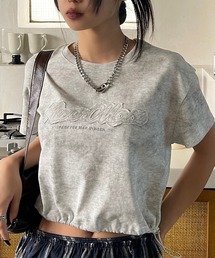 VQ | Hem drawstring cropped Applike Short sleeve t-shirt / 裾 ドローコード クロップド アップリケ 半袖Tシャツ / 裾口のドローコードで着丈を調節、Y2Kコーデに◎(Tシャツ/カットソー)