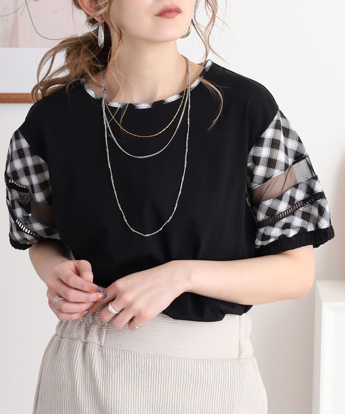 BRODIAEA（ブローディア）の「BRODIAEA チェック袖切り替え半袖カットソー（Tシャツ/カットソー・レディース・ブラック/ネイビー・40）」の2枚目の写真