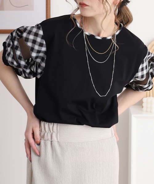 BRODIAEA（ブローディア）の「BRODIAEA チェック袖切り替え半袖カットソー（Tシャツ/カットソー・レディース・ブラック/ネイビー・40）」の3枚目の写真