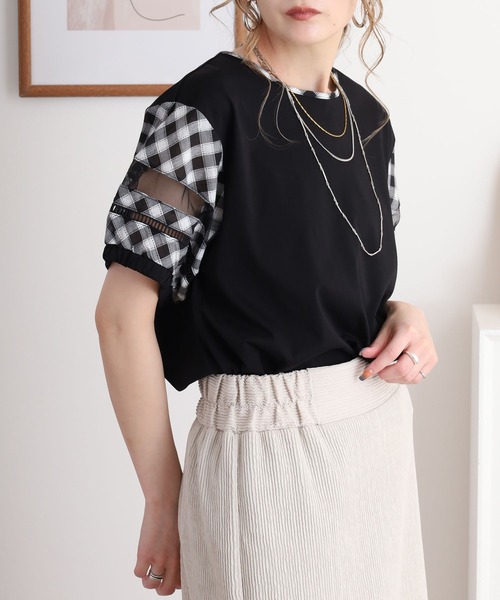 BRODIAEA（ブローディア）の「BRODIAEA チェック袖切り替え半袖カットソー（Tシャツ/カットソー・レディース・ブラック/ネイビー・40）」の4枚目の写真
