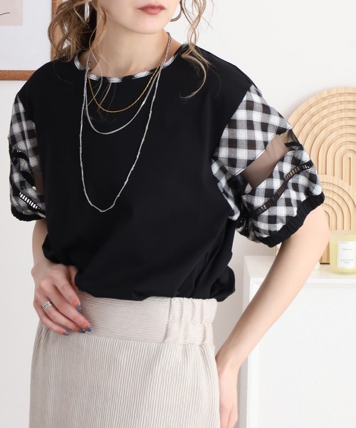 BRODIAEA（ブローディア）の「BRODIAEA チェック袖切り替え半袖カットソー（Tシャツ/カットソー・レディース・ブラック/ネイビー・40）」の5枚目の写真
