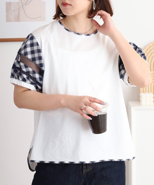 BRODIAEA（ブローディア）の「BRODIAEA チェック袖切り替え半袖カットソー（Tシャツ/カットソー・レディース・ブラック/ネイビー・40）」の7枚目の写真