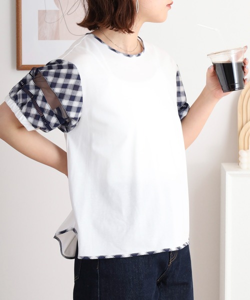 BRODIAEA（ブローディア）の「BRODIAEA チェック袖切り替え半袖カットソー（Tシャツ/カットソー・レディース・ブラック/ネイビー・40）」の8枚目の写真