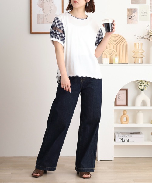 BRODIAEA（ブローディア）の「BRODIAEA チェック袖切り替え半袖カットソー（Tシャツ/カットソー・レディース・ブラック/ネイビー・40）」の10枚目の写真