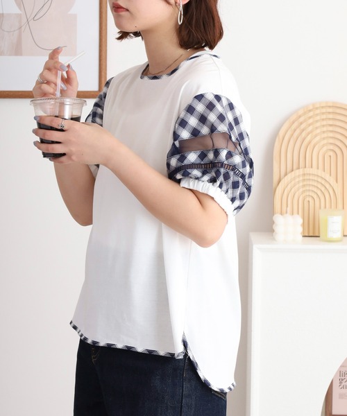 BRODIAEA（ブローディア）の「BRODIAEA チェック袖切り替え半袖カットソー（Tシャツ/カットソー・レディース・ブラック/ネイビー・40）」の9枚目の写真