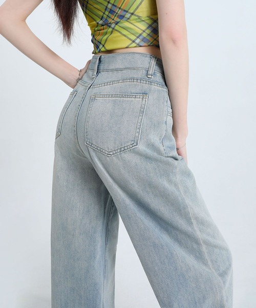ステッチデザイン ハイウエストワイドデニムパンツ（デニム