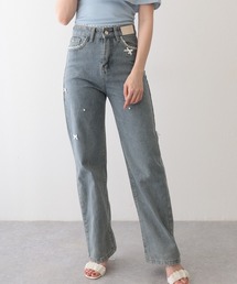 ウォッシュ加工 リボン レース ハイウエスト ワイド デニムパンツ