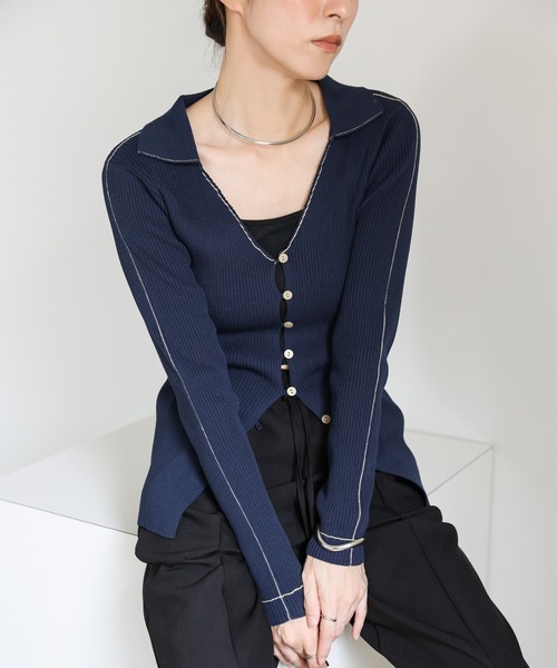 セール】バイカラーラインニットカーディガン（カーディガン/ボレロ