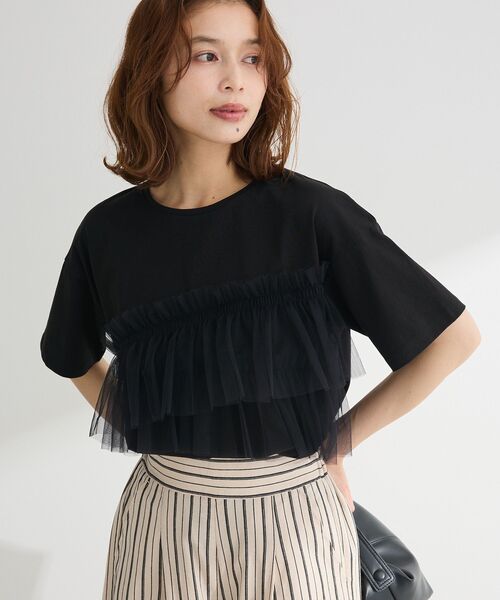 ELENCARE DUE(エレンカーレデュエ)の「・ELENCARE DUE チュールフリルレイヤーTEE(Tシャツ/カットソー・レディース・カーキ/ブラック/オフホワイト/チャコールグレー・FREE)」の3枚目の写真