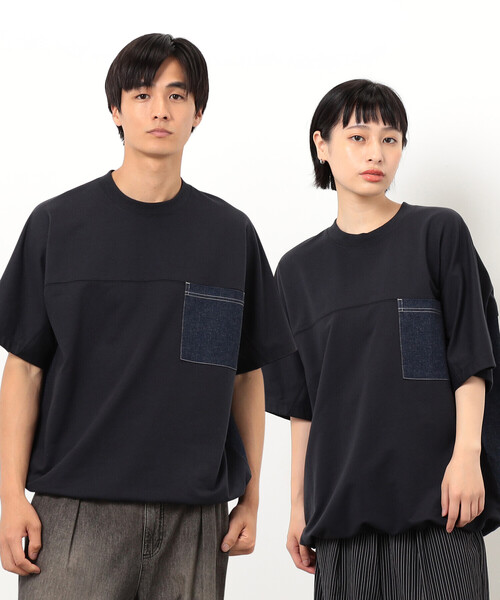 Purple&Yellow(パープルアンドイエロー)の「インレイデニム切り替えプルオーバー(Tシャツ/カットソー・メンズ・ネイビー/ブラック・SMALL/MEDIUM/LARGE)」の1枚目の写真