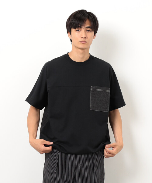Purple&Yellow(パープルアンドイエロー)の「インレイデニム切り替えプルオーバー(Tシャツ/カットソー・メンズ・ネイビー/ブラック・SMALL/MEDIUM/LARGE)」の2枚目の写真
