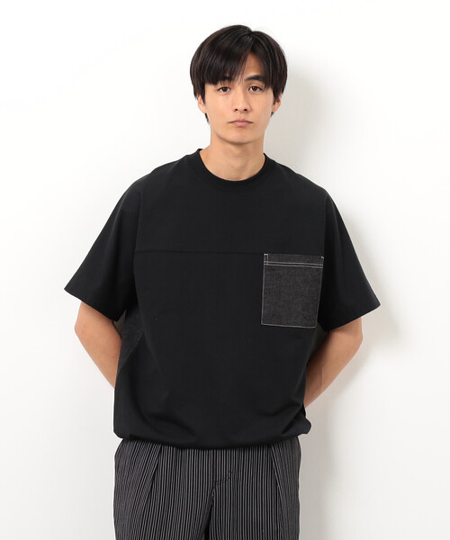 Purple&Yellow(パープルアンドイエロー)の「インレイデニム切り替えプルオーバー(Tシャツ/カットソー・メンズ・ネイビー/ブラック・SMALL/MEDIUM/LARGE)」の5枚目の写真