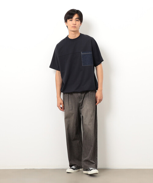 Purple&Yellow(パープルアンドイエロー)の「インレイデニム切り替えプルオーバー(Tシャツ/カットソー・メンズ・ネイビー/ブラック・SMALL/MEDIUM/LARGE)」の12枚目の写真