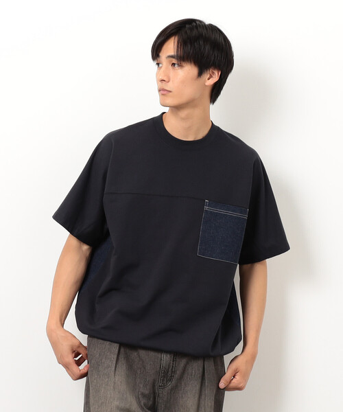Purple&Yellow(パープルアンドイエロー)の「インレイデニム切り替えプルオーバー(Tシャツ/カットソー・メンズ・ネイビー/ブラック・SMALL/MEDIUM/LARGE)」の14枚目の写真