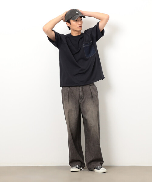 Purple&Yellow(パープルアンドイエロー)の「インレイデニム切り替えプルオーバー(Tシャツ/カットソー・メンズ・ネイビー/ブラック・SMALL/MEDIUM/LARGE)」の16枚目の写真