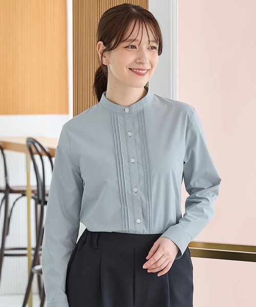 Honeys(ハニーズ)の「【らくらくアイロン】らくらくピンタックシャツ(ビジネスシャツ・レディース・グレイッシュベージュ/ホワイト/ネイビー/グレイッシュブルー/ブラック/ブラウン/グレー/サックスブルー系1/ライトホワイト・L/3L/S/M/LL)」の9枚目の写真
