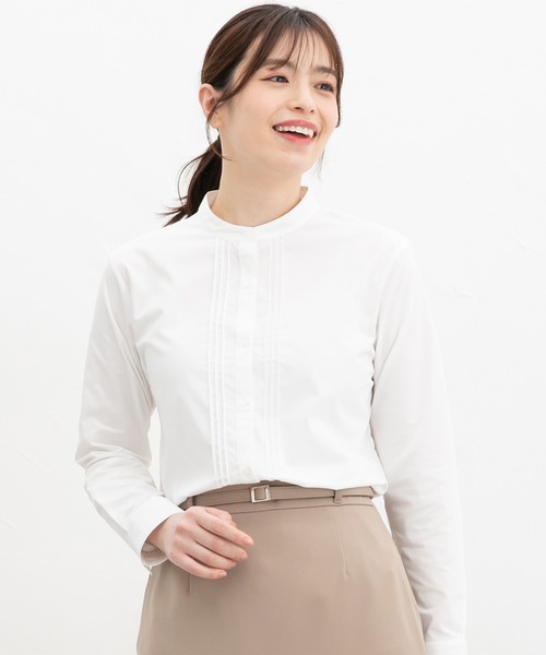 Honeys（ハニーズ）の「【らくらくアイロン】らくらくピンタックシャツ（ビジネスシャツ・レディース・グレイッシュベージュ/ホワイト/ネイビー/グレイッシュブルー/ブラック・L/3L/S/M/LL）」の8枚目の写真