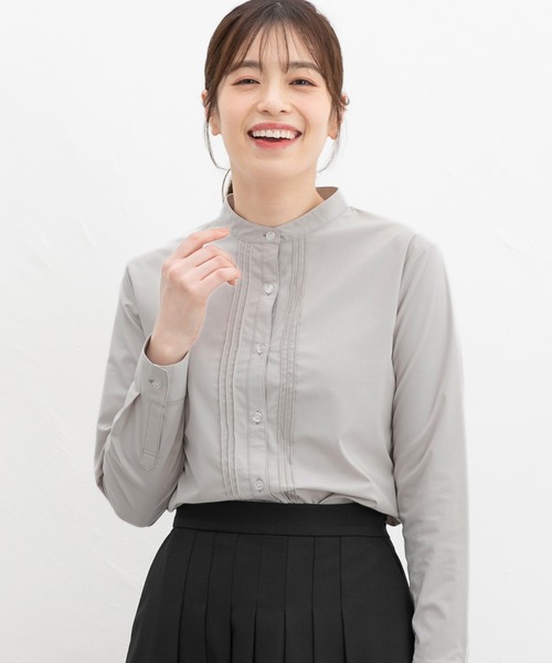 Honeys(ハニーズ)の「【らくらくアイロン】らくらくピンタックシャツ(ビジネスシャツ・レディース・グレイッシュベージュ/ホワイト/ネイビー/グレイッシュブルー/ブラック/ブラウン/グレー/サックスブルー系1/ライトホワイト・L/3L/S/M/LL)」の10枚目の写真