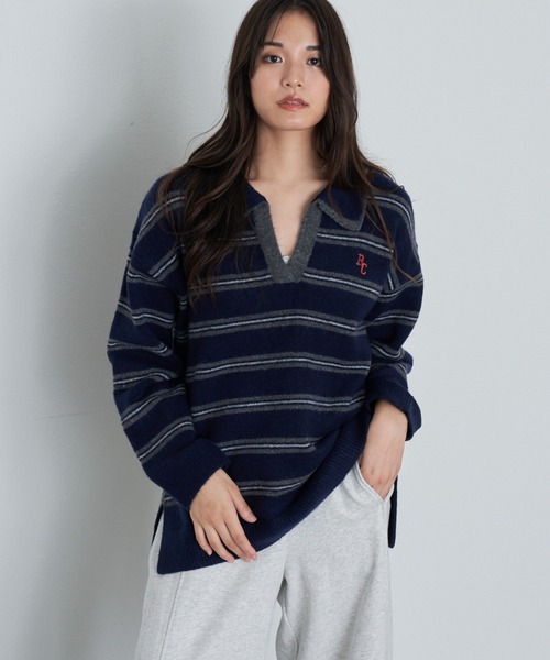 ボーダースキッパーポロ刺繍ニット（ニット/セーター）｜RAY